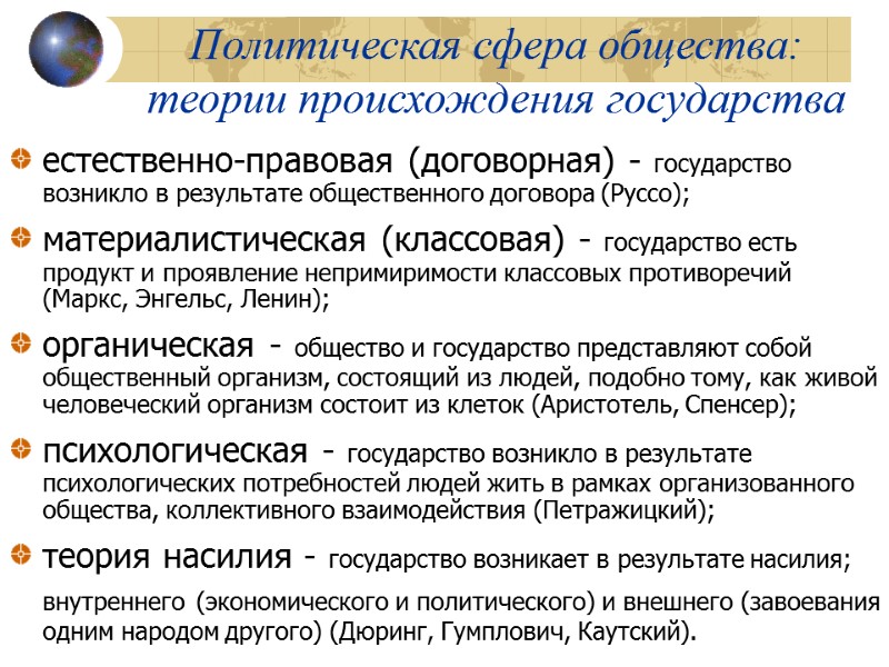 Политическая сфера общества: теории происхождения государства естественно-правовая (договорная) - государство возникло в результате общественного